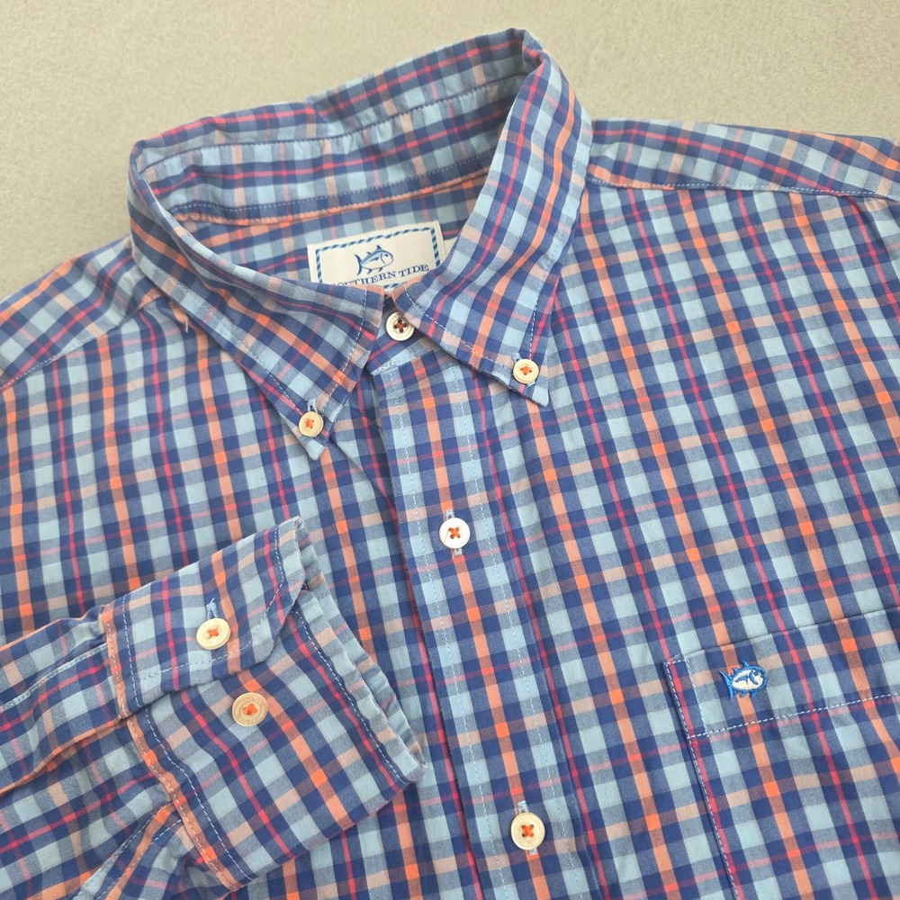Southern Tide Mens Classic Fit Plaid Button Down Shirt Blue Orange Size Medium